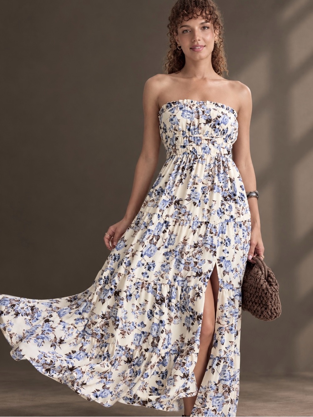 Altar'd State Cream Strapless Floral Maxi Dress with Blue Blooms NWT